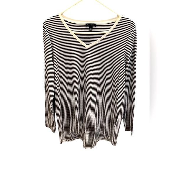 Tribal Bordeaux Ribbed Striped V-neck Long Sleeve Top Black White Small - Picture 1 of 3